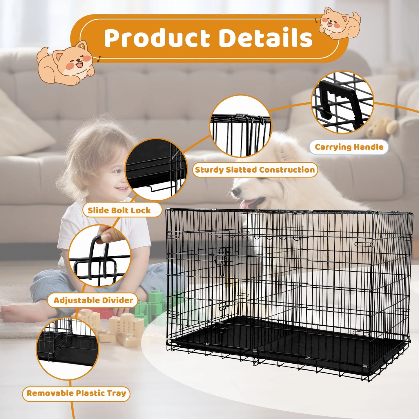 48-Inch Foldable Metal Dog Crate with Double Doors and Handle, Ideal for Large and Medium Dogs, Includes Plastic Tray, Black