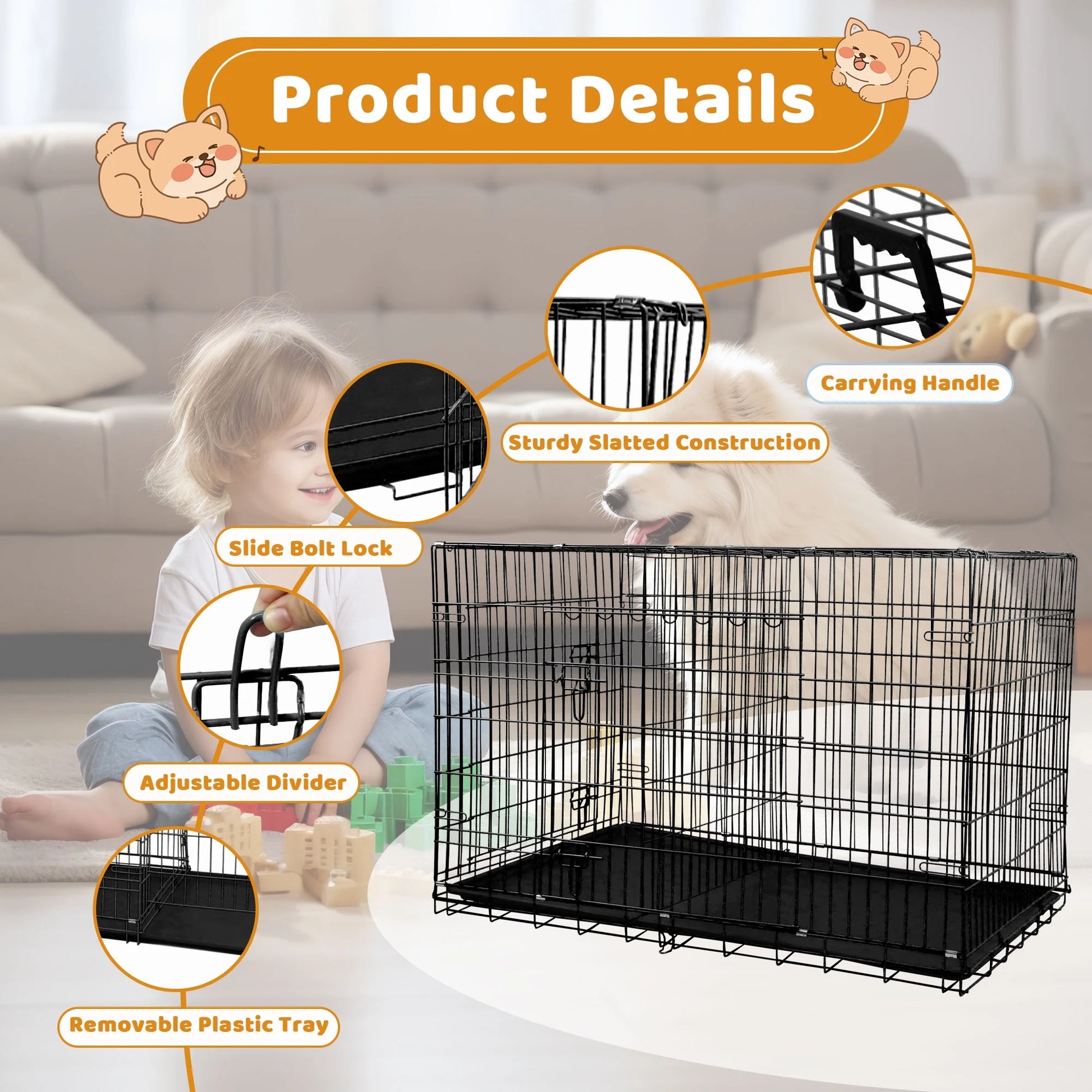 48-Inch Foldable Metal Dog Crate with Double Doors and Handle, Ideal for Large and Medium Dogs, Includes Plastic Tray, Black