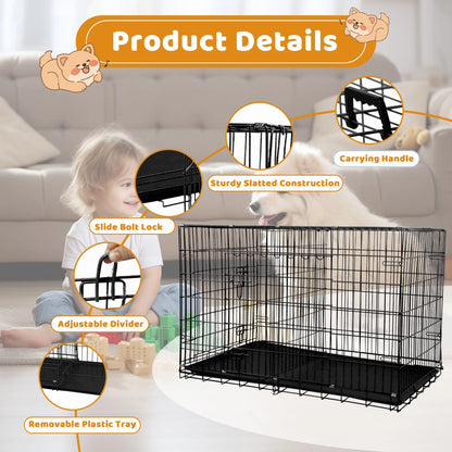 48-Inch Foldable Metal Dog Crate with Double Doors and Handle, Ideal for Large and Medium Dogs, Includes Plastic Tray, Black