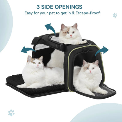 17-Inch Airline Approved Cat Carrier with Extendable Mat, TSA Compliant for Pets Under 20 lbs, Black