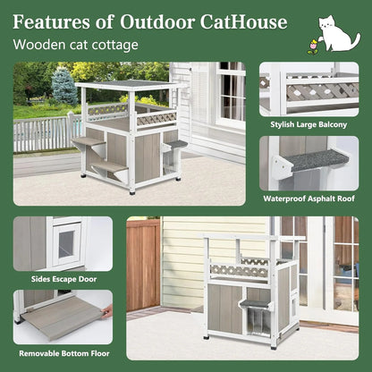Two-Story Wooden Outdoor Cat House for Feral Cats