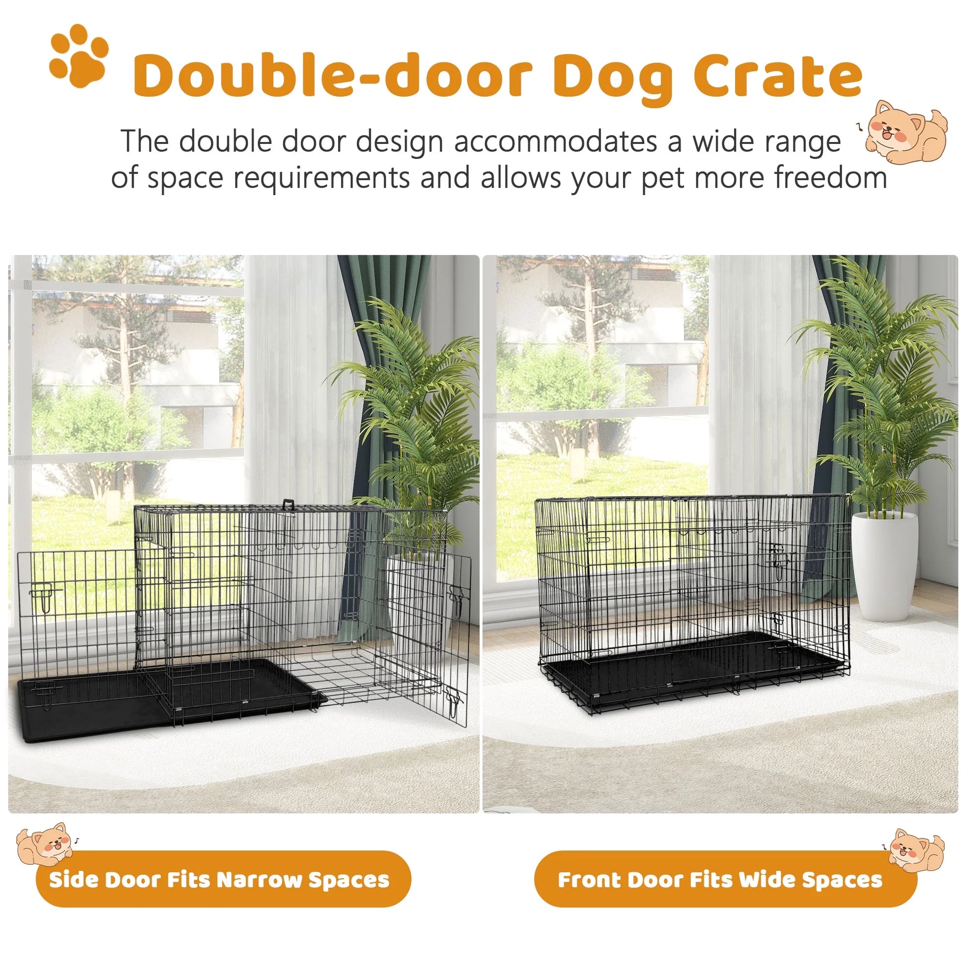 48-Inch Foldable Metal Dog Crate with Double Doors and Handle, Ideal for Large and Medium Dogs, Includes Plastic Tray, Black