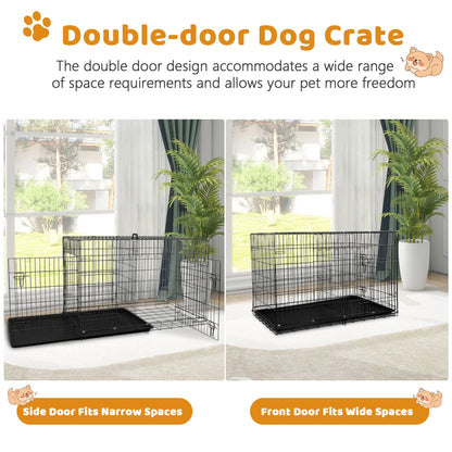 48-Inch Foldable Metal Dog Crate with Double Doors and Handle, Ideal for Large and Medium Dogs, Includes Plastic Tray, Black