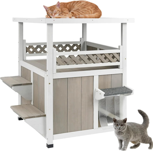 Two-Story Wooden Outdoor Cat House for Feral Cats
