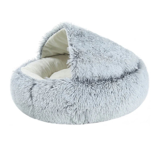Round Plush Hooded Cat Bed Cave for Indoor Cats and Small Dogs, Calming Anti-Anxiety Pet Bed with Waterproof Bottom, Washable (16" x 16")