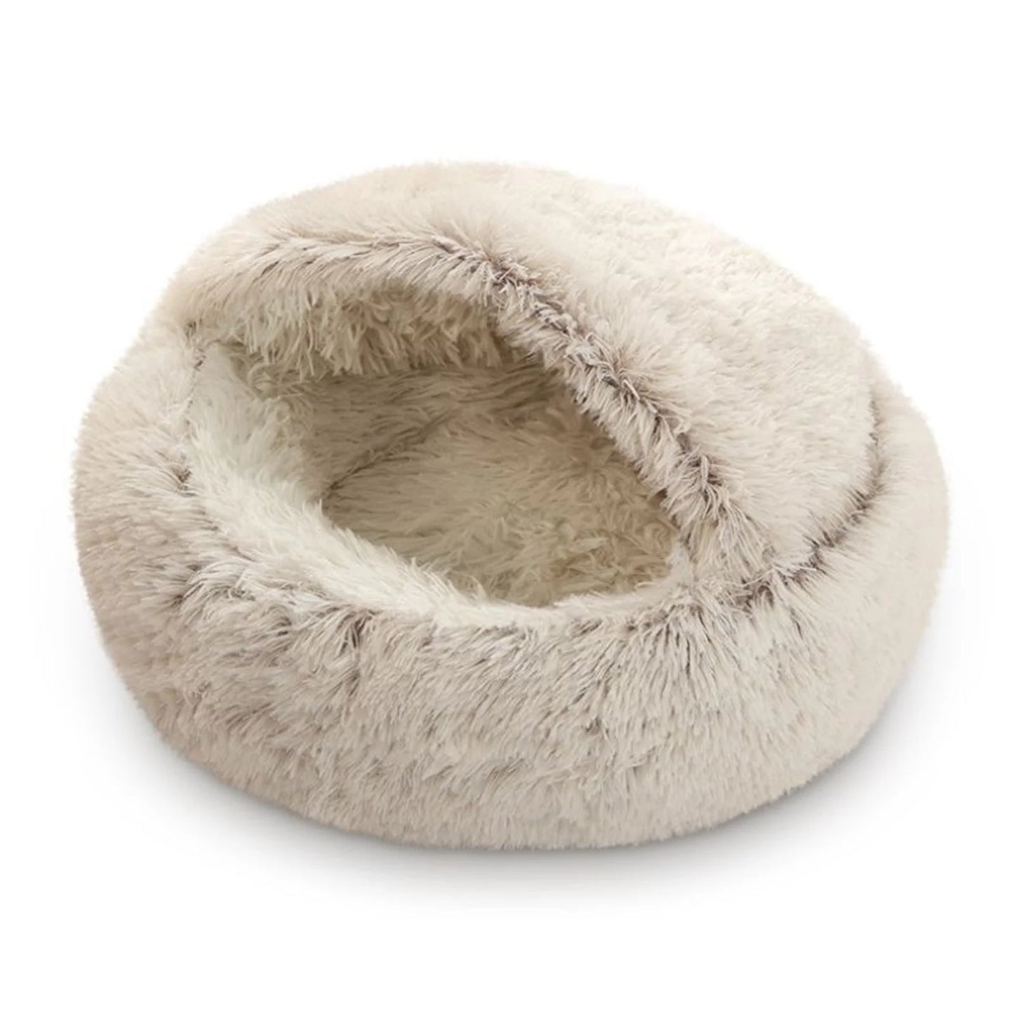 Round Plush Hooded Cat Bed Cave for Indoor Cats and Small Dogs, Calming Anti-Anxiety Pet Bed with Waterproof Bottom, Washable (16" x 16")