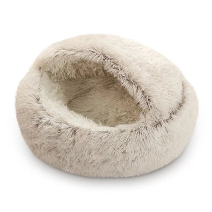 Round Plush Hooded Cat Bed Cave for Indoor Cats and Small Dogs, Calming Anti-Anxiety Pet Bed with Waterproof Bottom, Washable (16" x 16")