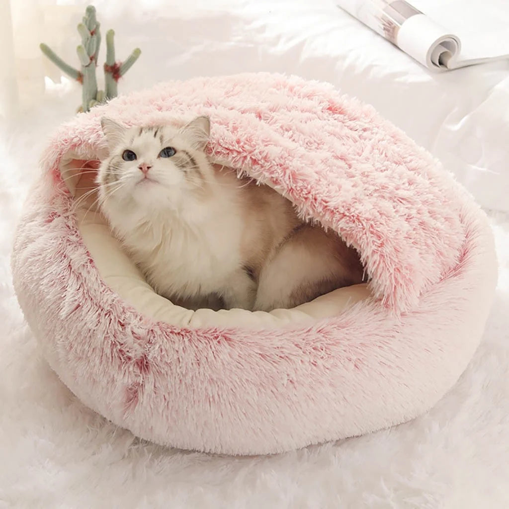 Round Plush Hooded Cat Bed Cave for Indoor Cats and Small Dogs, Calming Anti-Anxiety Pet Bed with Waterproof Bottom, Washable (16" x 16")