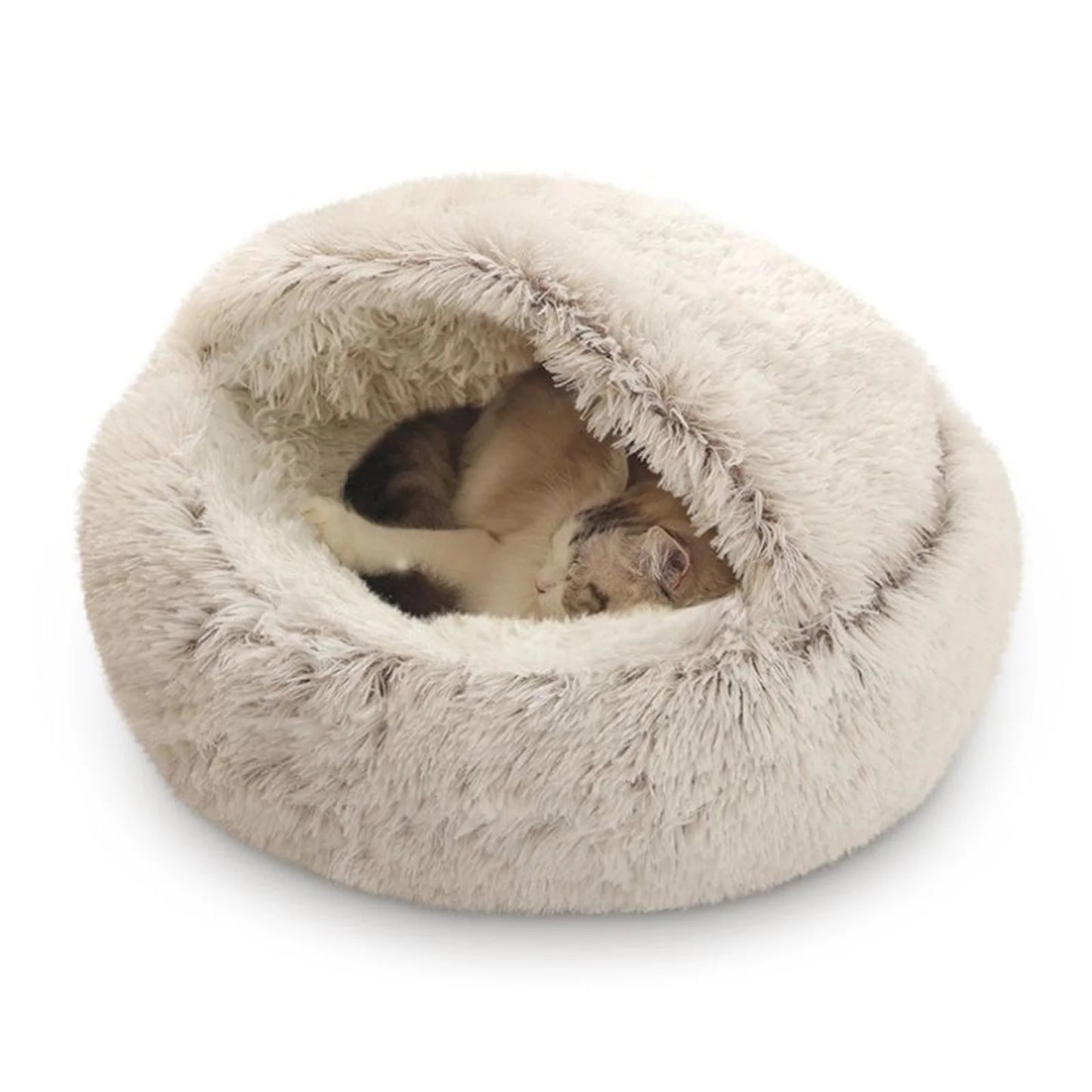 Round Plush Hooded Cat Bed Cave for Indoor Cats and Small Dogs, Calming Anti-Anxiety Pet Bed with Waterproof Bottom, Washable (16" x 16")