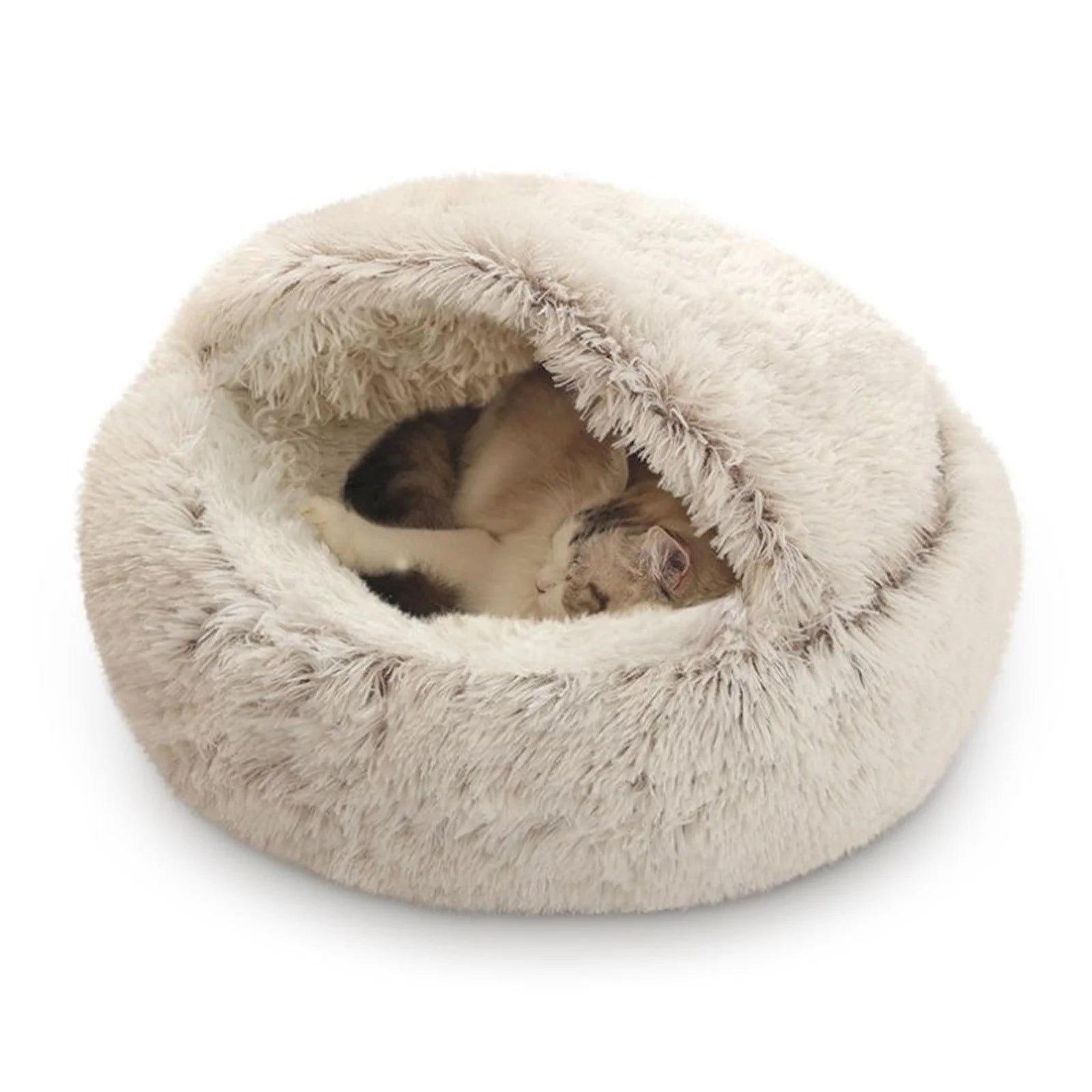 Round Plush Hooded Cat Bed Cave for Indoor Cats and Small Dogs, Calming Anti-Anxiety Pet Bed with Waterproof Bottom, Washable (16" x 16")