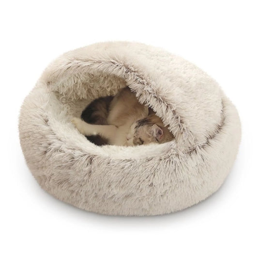 Round Plush Hooded Cat Bed Cave for Indoor Cats and Small Dogs, Calming Anti-Anxiety Pet Bed with Waterproof Bottom, Washable (16" x 16")