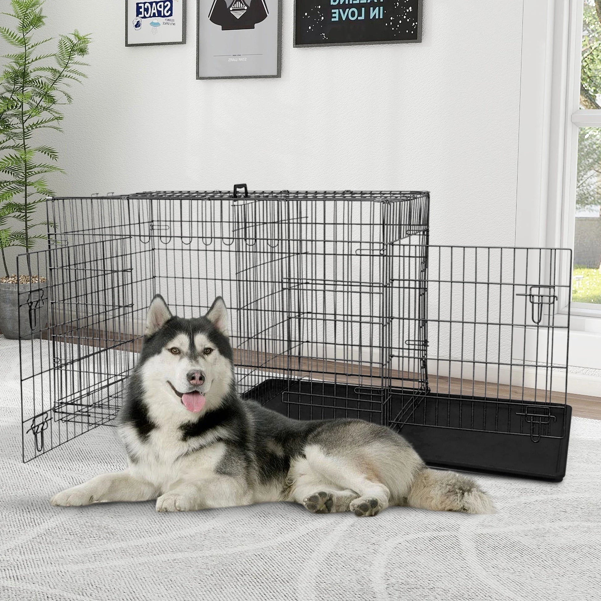 48-Inch Foldable Metal Dog Crate with Double Doors and Handle, Ideal for Large and Medium Dogs, Includes Plastic Tray, Black