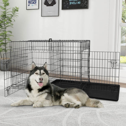 48-Inch Foldable Metal Dog Crate with Double Doors and Handle, Ideal for Large and Medium Dogs, Includes Plastic Tray, Black