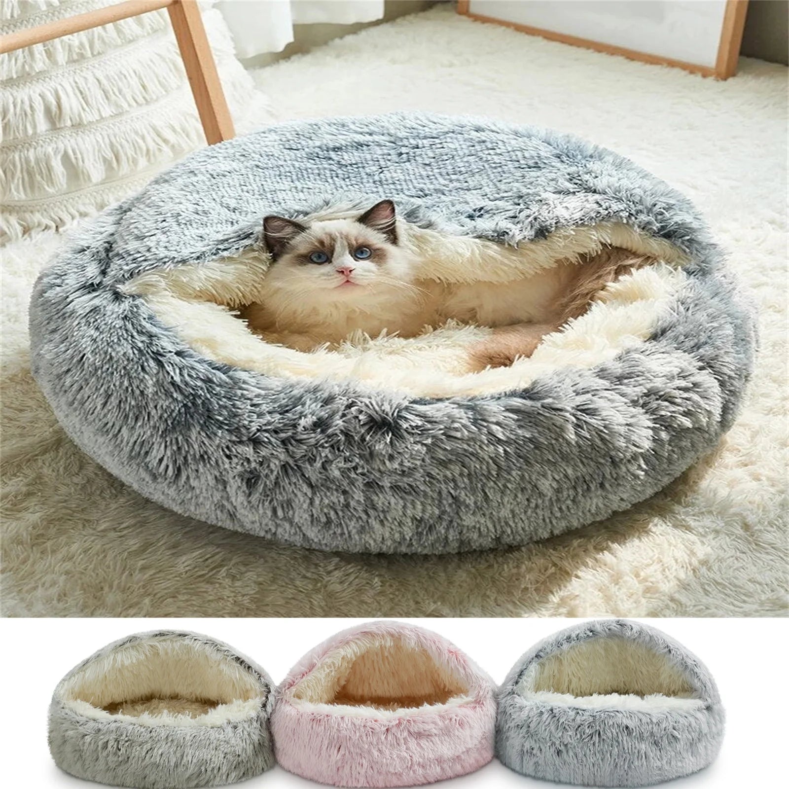 Round Plush Hooded Cat Bed Cave for Indoor Cats and Small Dogs, Calming Anti-Anxiety Pet Bed with Waterproof Bottom, Washable (16" x 16")