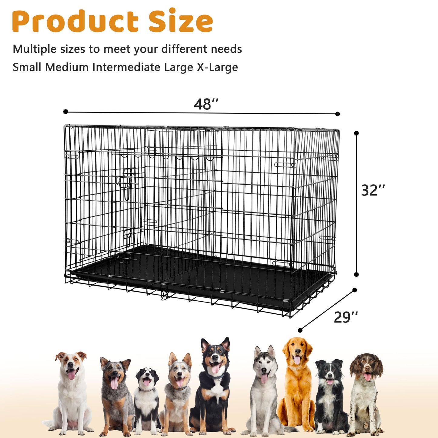 48-Inch Foldable Metal Dog Crate with Double Doors and Handle, Ideal for Large and Medium Dogs, Includes Plastic Tray, Black