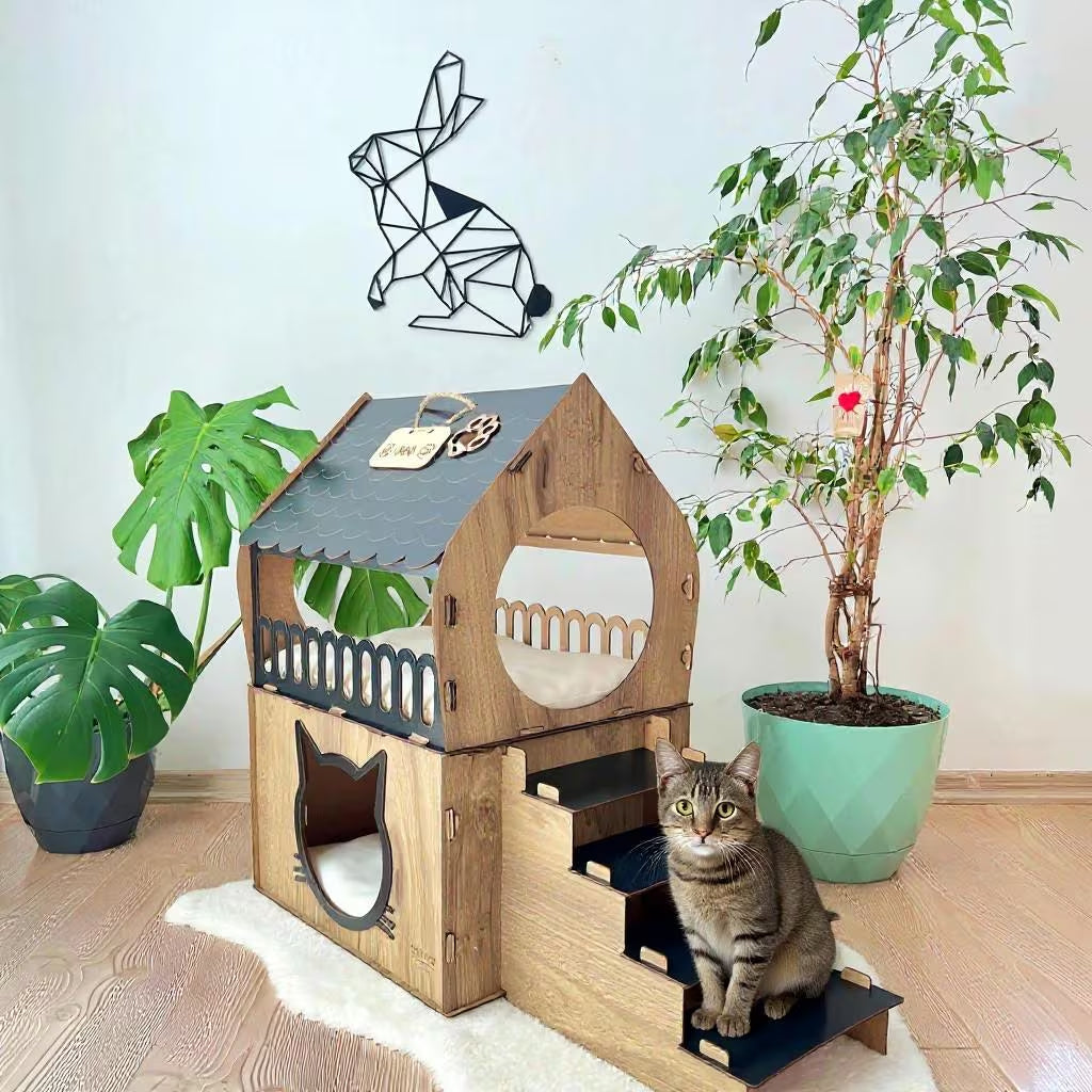 Extra Large Two-Story Wooden Cat House with Custom Nameplate - Modern Indoor Cat Castle and Furniture