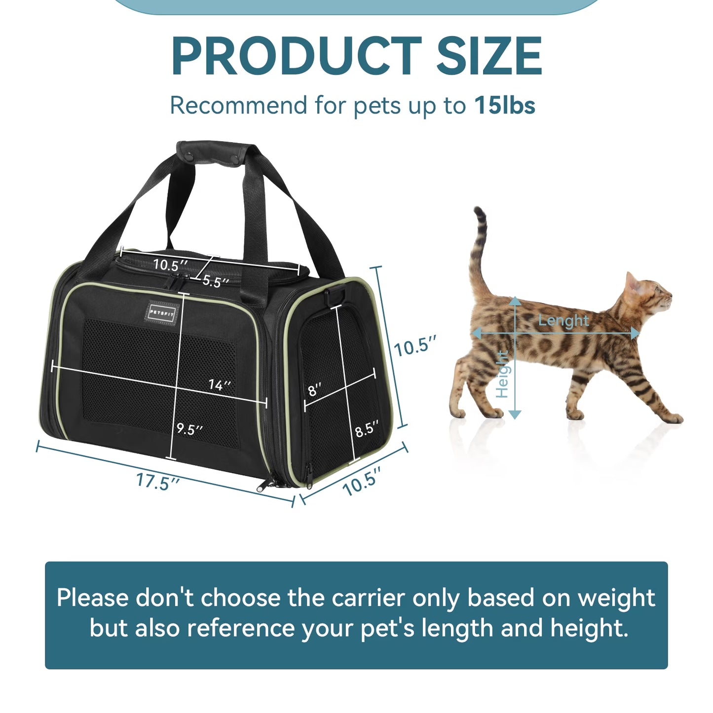 17-Inch Airline Approved Cat Carrier with Extendable Mat, TSA Compliant for Pets Under 20 lbs, Black