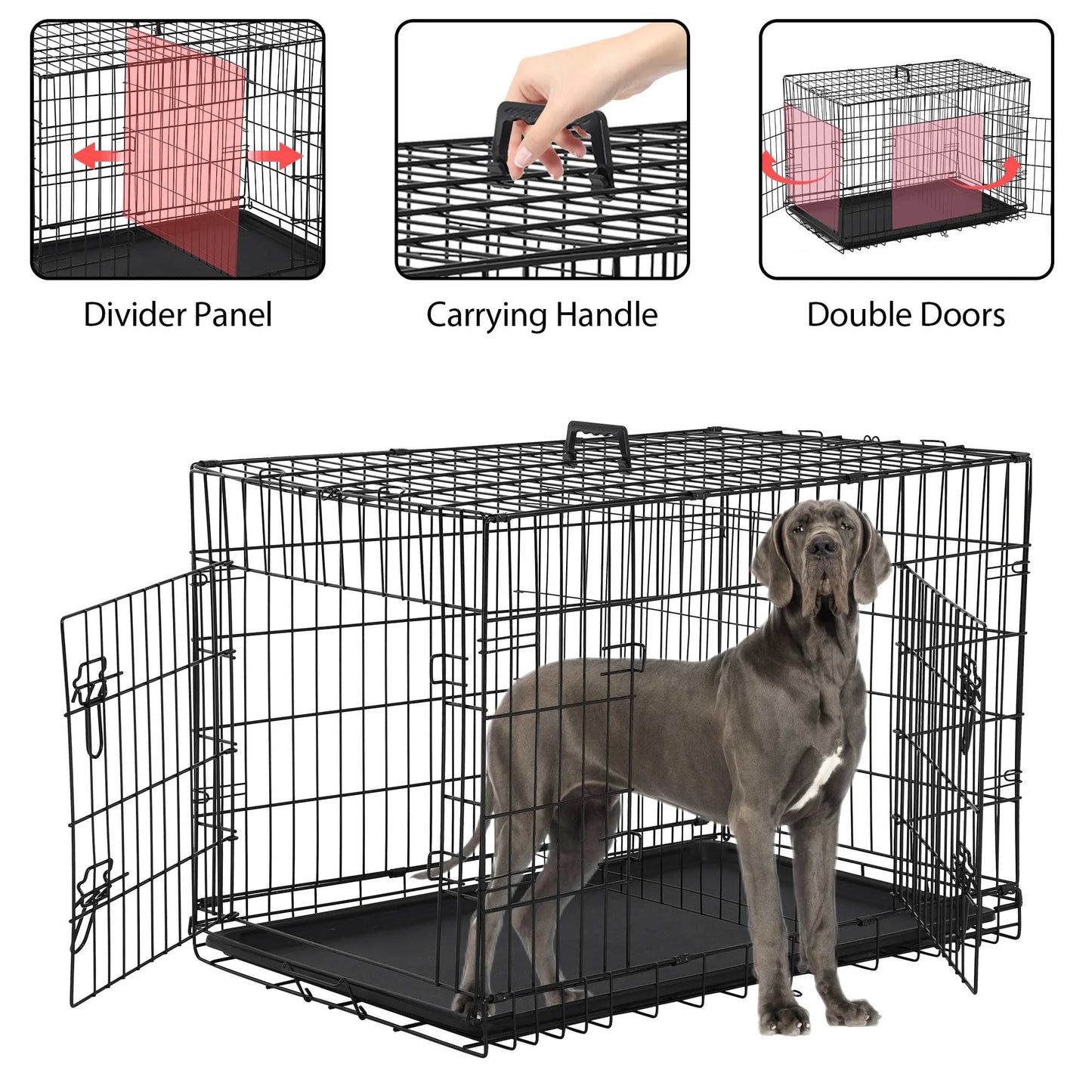 48-Inch Foldable Metal Dog Crate with Double Doors and Handle, Ideal for Large and Medium Dogs, Includes Plastic Tray, Black