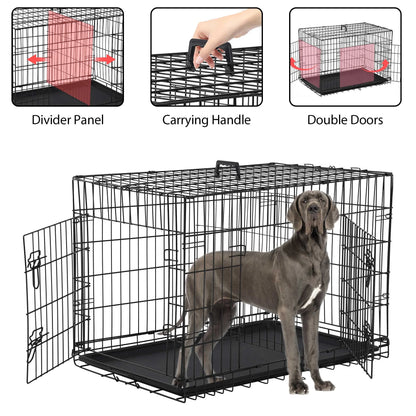 48-Inch Foldable Metal Dog Crate with Double Doors and Handle, Ideal for Large and Medium Dogs, Includes Plastic Tray, Black