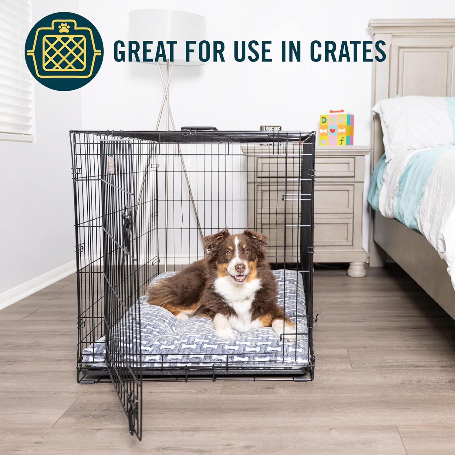 Bone-Patterned Plush Dog Mat and Crate Bed - Versatile, Washable, and Calming Design for Large Dogs (24" x 36")