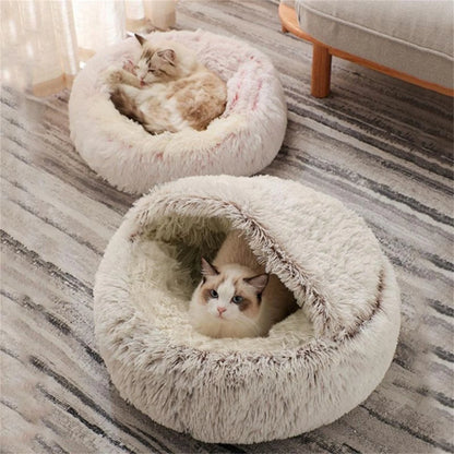 Round Plush Hooded Cat Bed Cave for Indoor Cats and Small Dogs, Calming Anti-Anxiety Pet Bed with Waterproof Bottom, Washable (16" x 16")