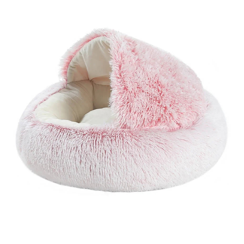 Round Plush Hooded Cat Bed Cave for Indoor Cats and Small Dogs, Calming Anti-Anxiety Pet Bed with Waterproof Bottom, Washable (16" x 16")