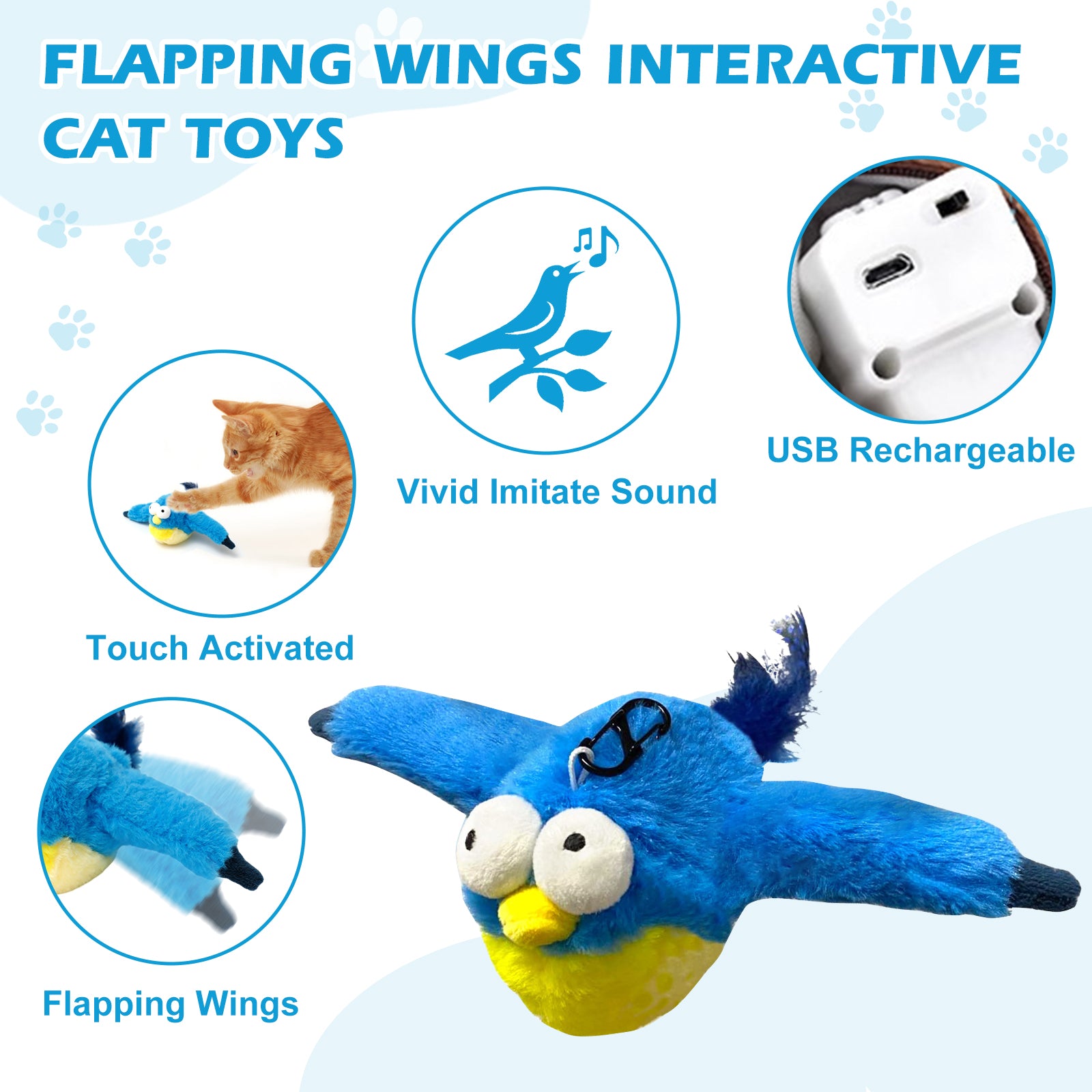 Interactive Rechargeable Cat Toy with Flapping Chirping Bird, Touch Activation, and Catnip for Indoor Cats