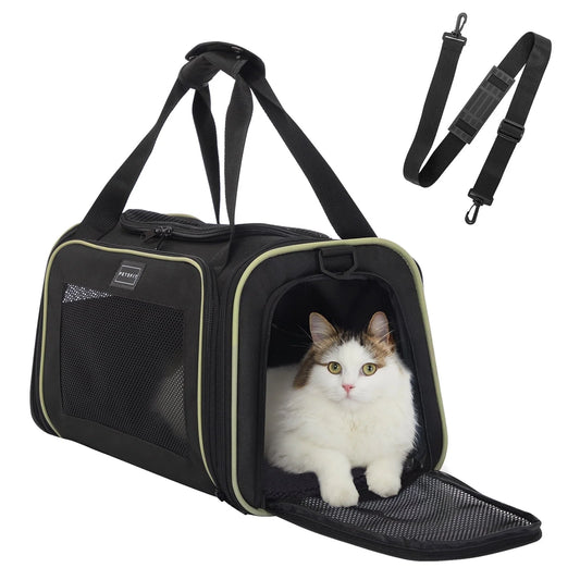 17-Inch Airline Approved Cat Carrier with Extendable Mat, TSA Compliant for Pets Under 20 lbs, Black