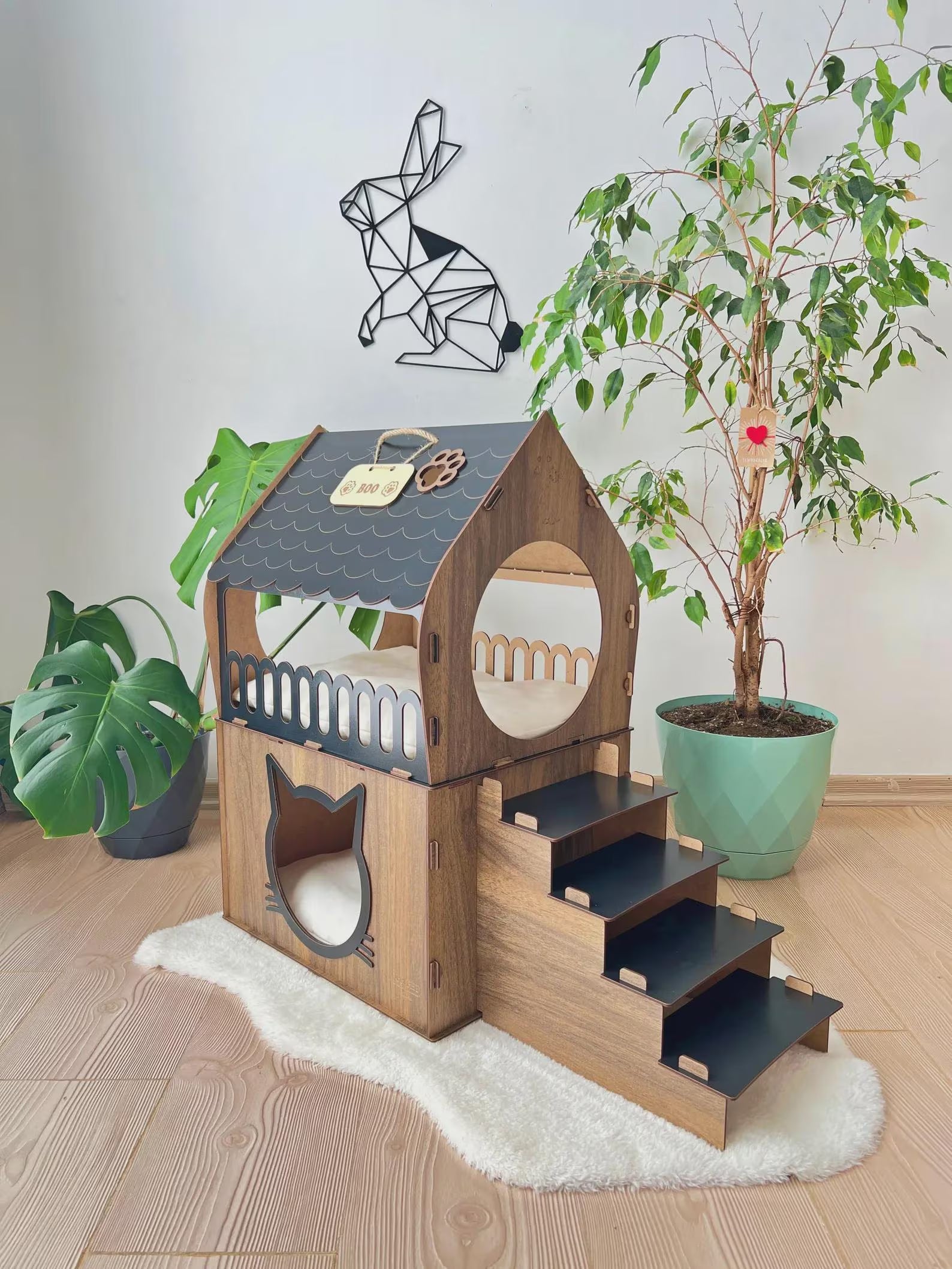 Extra Large Two-Story Wooden Cat House with Custom Nameplate - Modern Indoor Cat Castle and Furniture