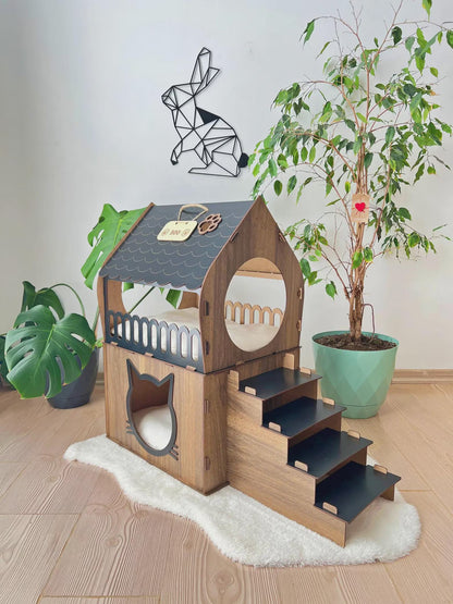 Extra Large Two-Story Wooden Cat House with Custom Nameplate - Modern Indoor Cat Castle and Furniture