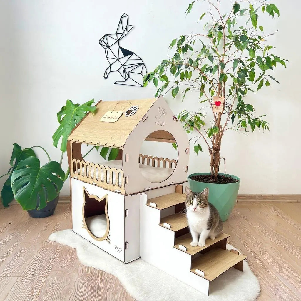 Extra Large Two-Story Wooden Cat House with Custom Nameplate - Modern Indoor Cat Castle and Furniture