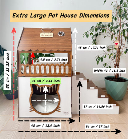 Extra Large Two-Story Wooden Cat House with Custom Nameplate - Modern Indoor Cat Castle and Furniture