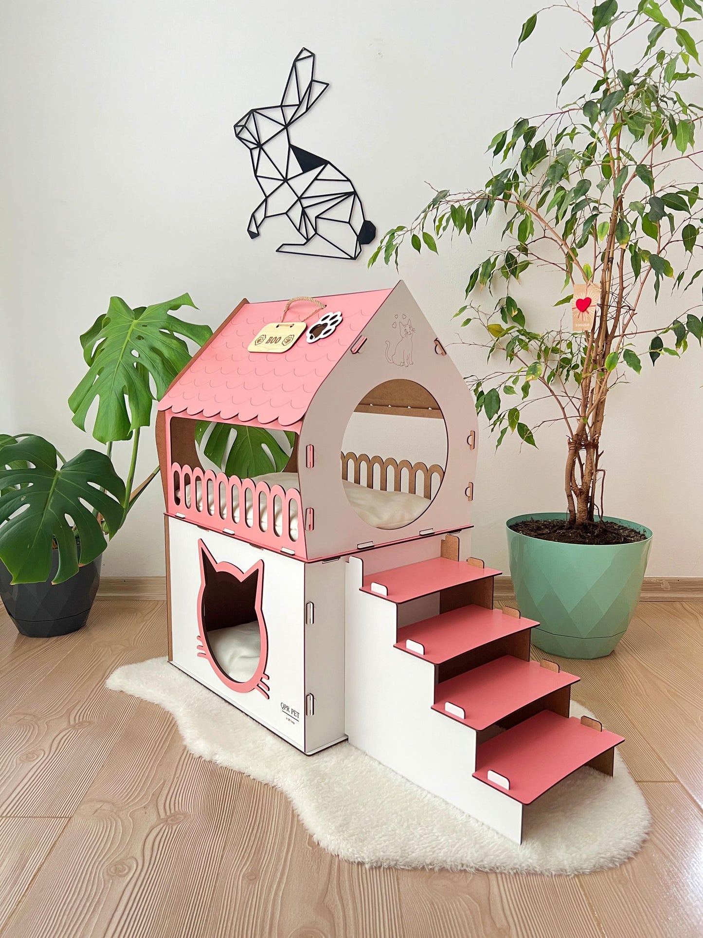Extra Large Two-Story Wooden Cat House with Custom Nameplate - Modern Indoor Cat Castle and Furniture
