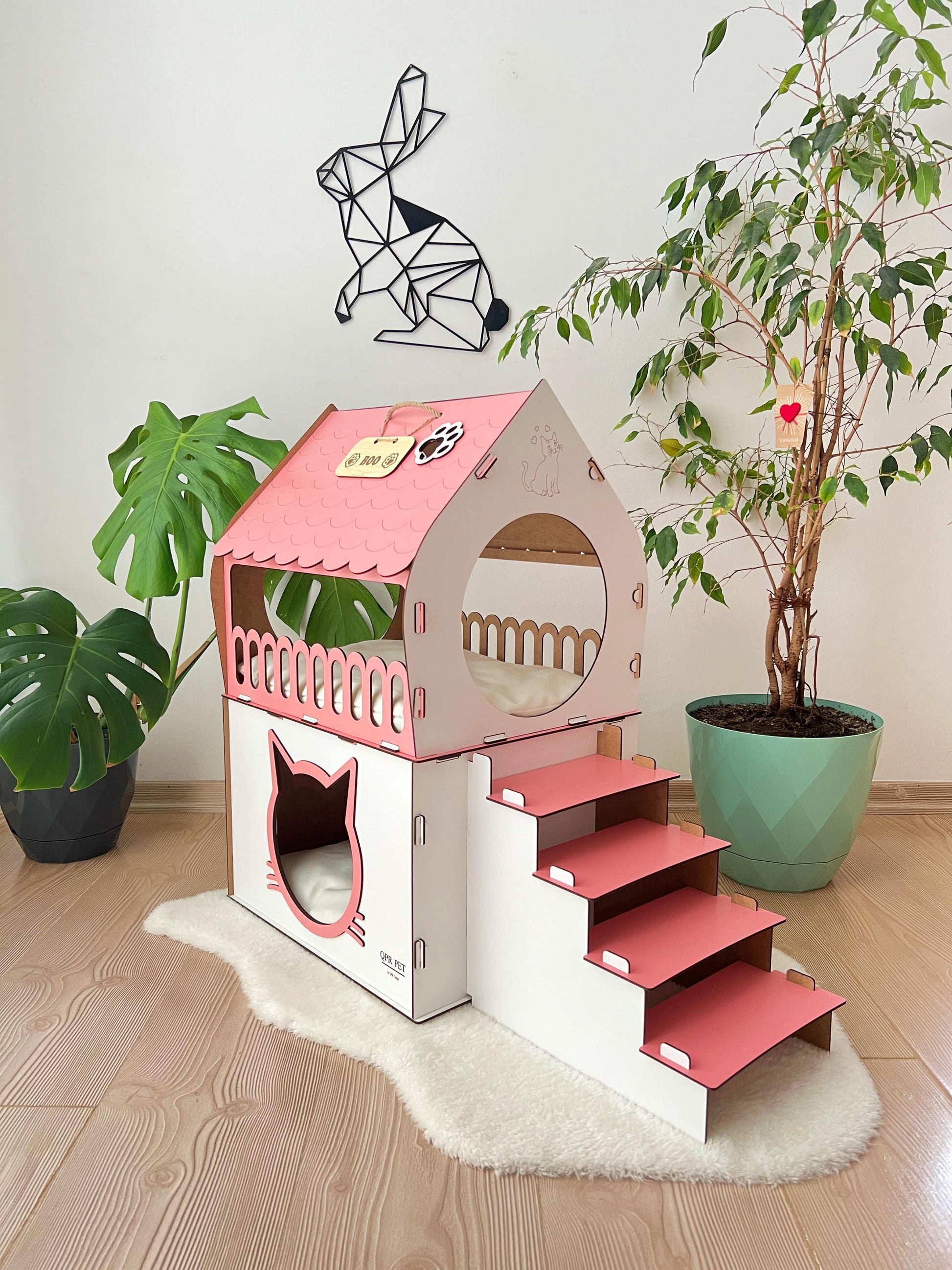 Extra Large Two-Story Wooden Cat House with Custom Nameplate - Modern Indoor Cat Castle and Furniture