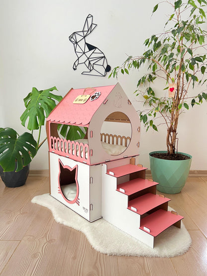 Extra Large Two-Story Wooden Cat House with Custom Nameplate - Modern Indoor Cat Castle and Furniture