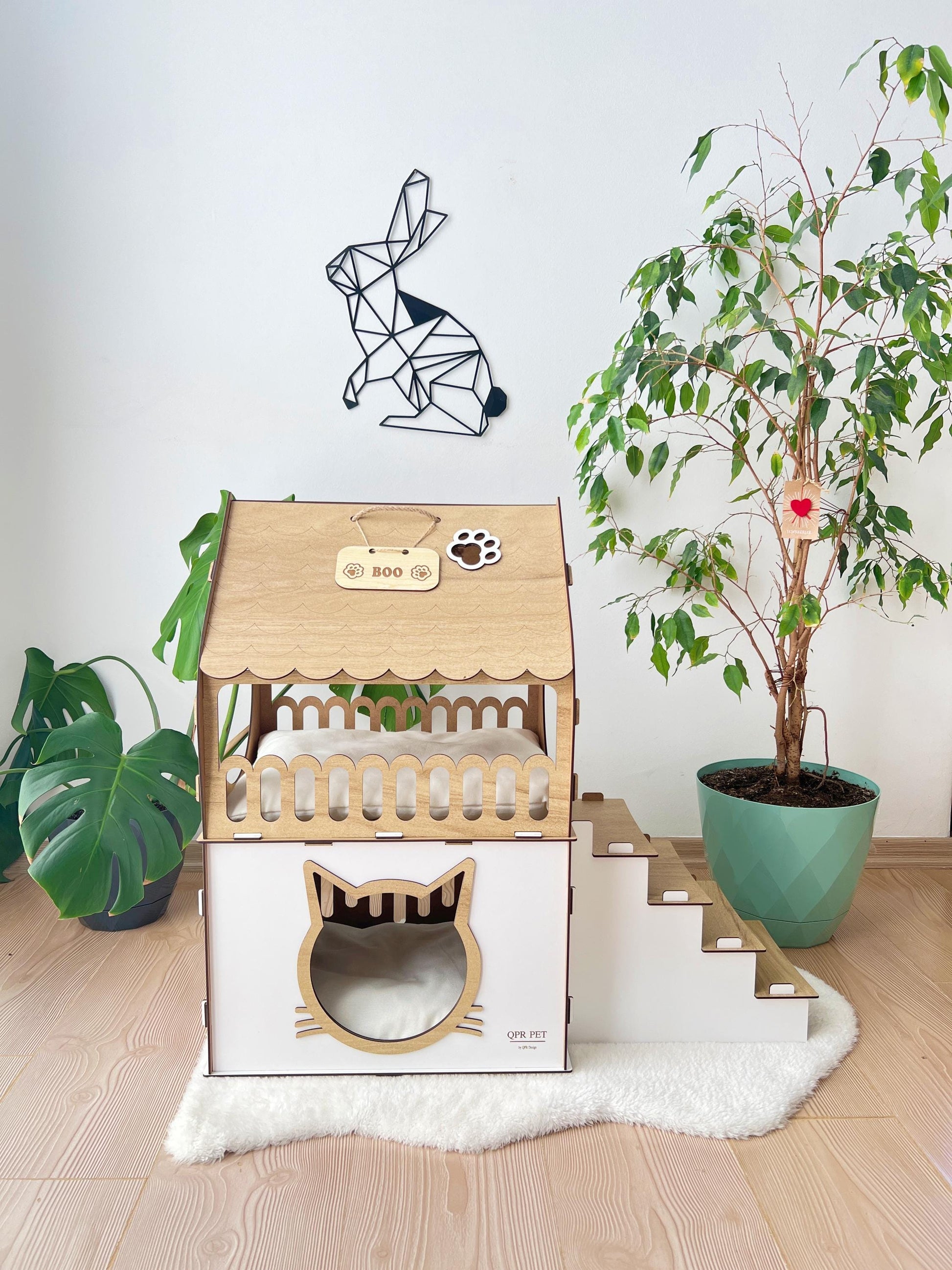 Extra Large Two-Story Wooden Cat House with Custom Nameplate - Modern Indoor Cat Castle and Furniture