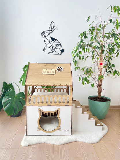 Extra Large Two-Story Wooden Cat House with Custom Nameplate - Modern Indoor Cat Castle and Furniture