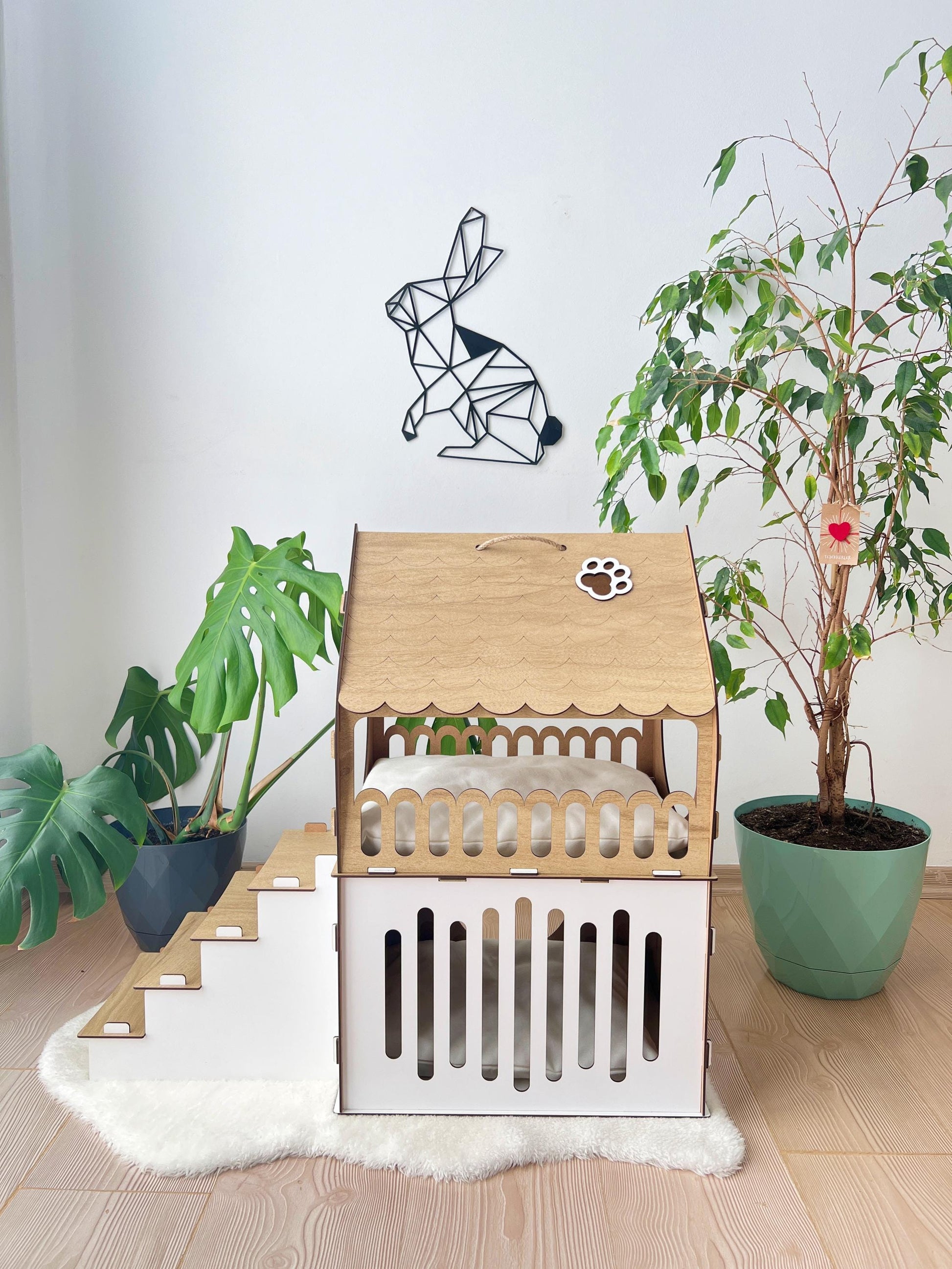 Extra Large Two-Story Wooden Cat House with Custom Nameplate - Modern Indoor Cat Castle and Furniture