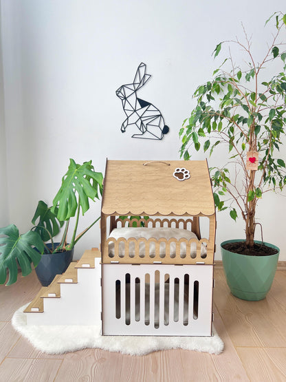 Extra Large Two-Story Wooden Cat House with Custom Nameplate - Modern Indoor Cat Castle and Furniture