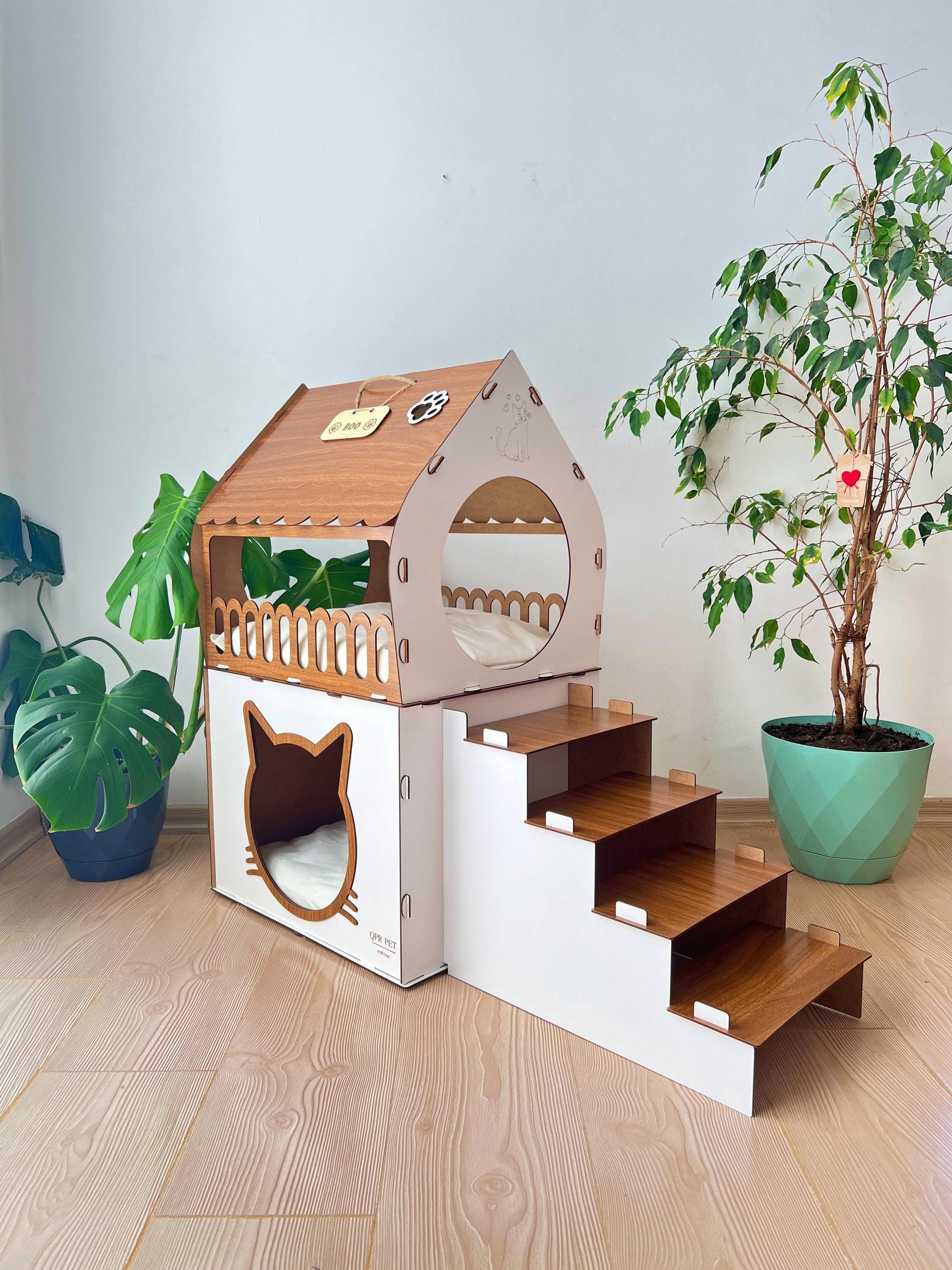 Extra Large Two-Story Wooden Cat House with Custom Nameplate - Modern Indoor Cat Castle and Furniture